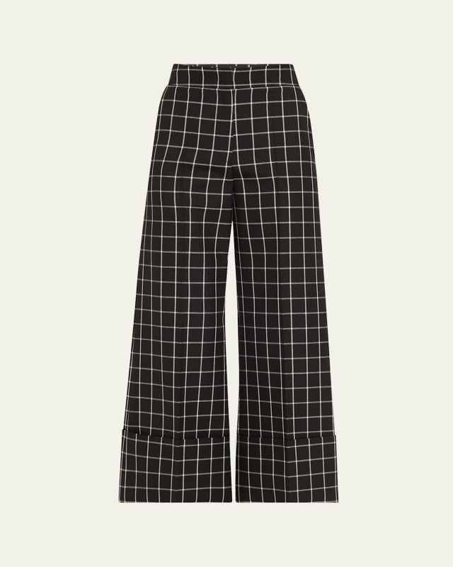 Cropped Cuffed Check Print Wool Trousers